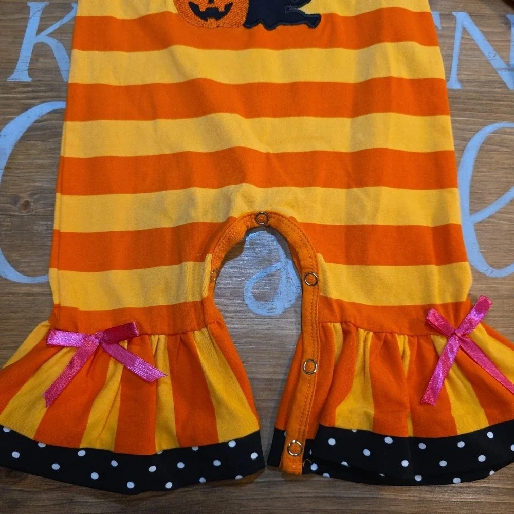 NEW‎ Annloren 3-6 Month First Halloween Orange Pumpkin Black Cat Romper Ruffles
